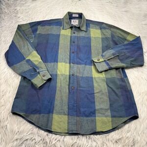 Vintage Why This Men's M Linen Blend Macro Plaid Button Front Shirt Green Blue